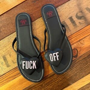 Strange Cvlt Black Heart Strap Sandals with Pink 'F*** Off' Patch - Women’s 10